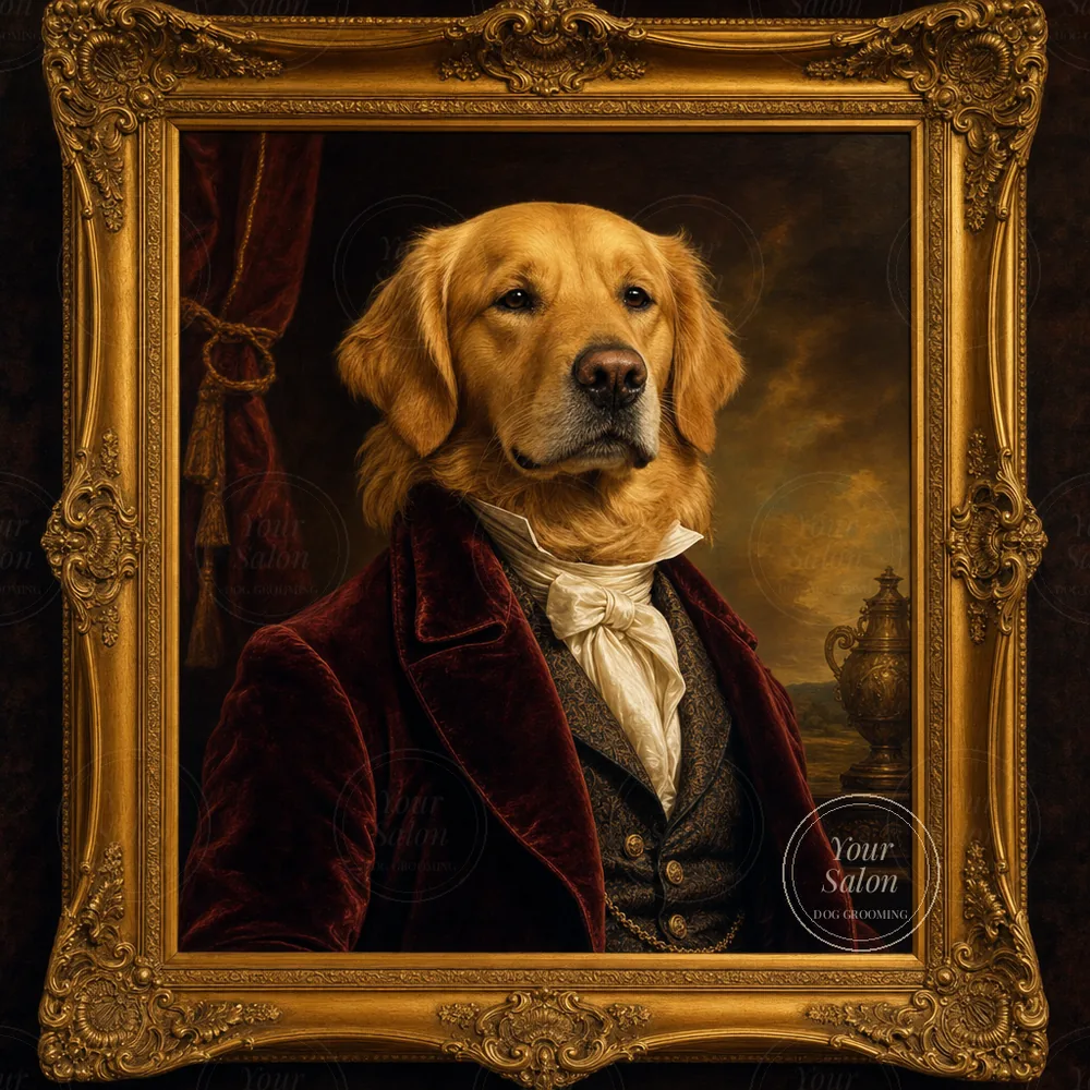 Sample finished golden retriever portrait in full resolution, with a subtle salon logo woven in