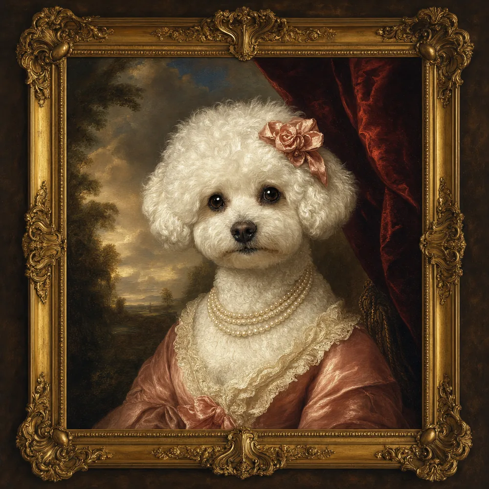 Oil portrait of a white bichon frise in a rose silk gown, lace collar and pearls, in a gilded frame