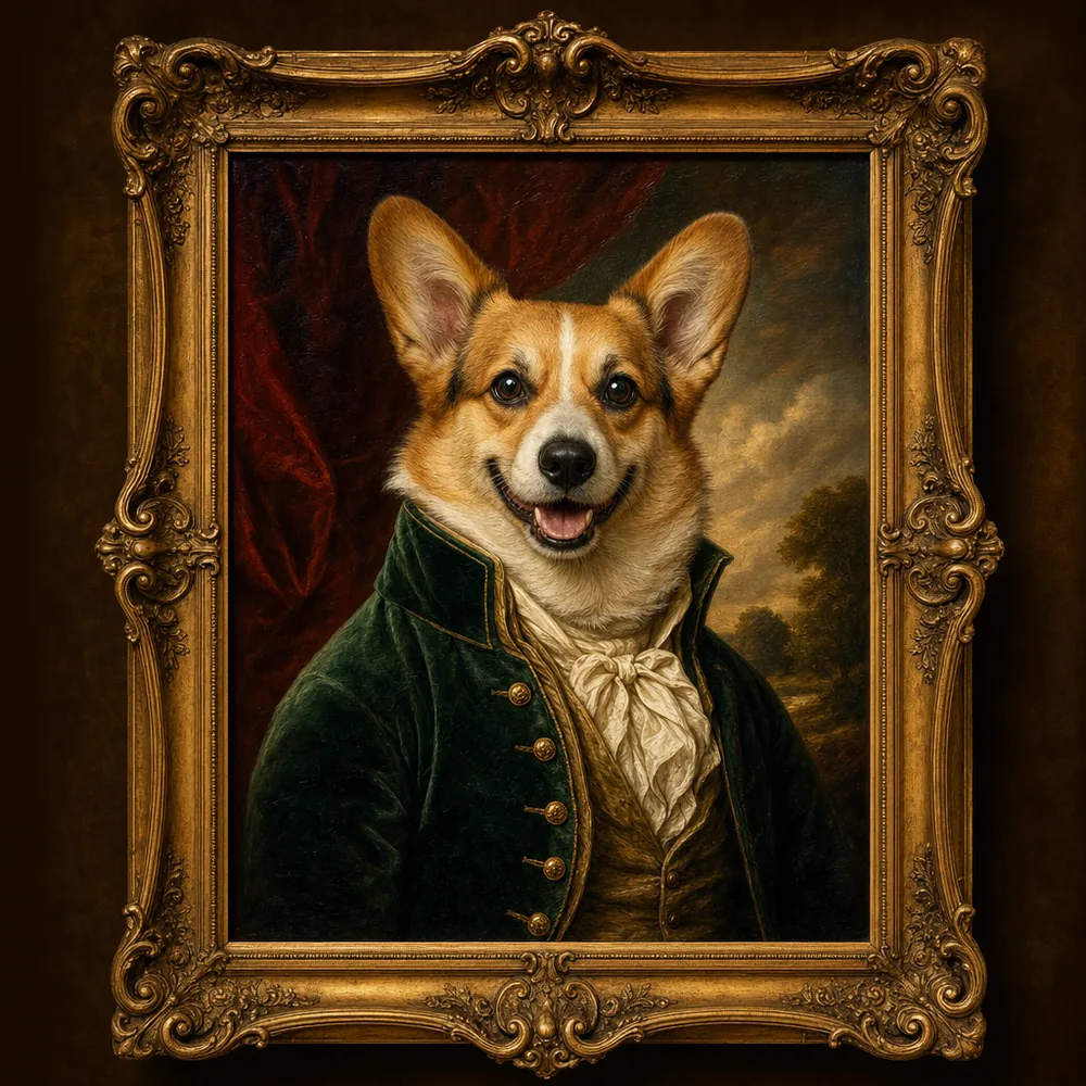 Oil portrait of a smiling Pembroke Welsh corgi in a forest-green velvet coat and cream cravat, in a gilded frame